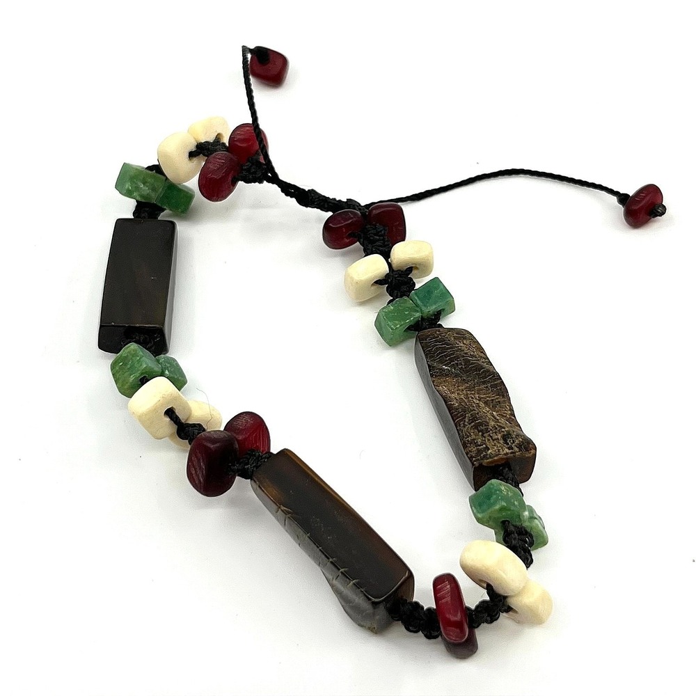 Vintage Boho Mixed Stone & Wood Beaded Adjustable Cord Bracelet Earthy Multi Y2K